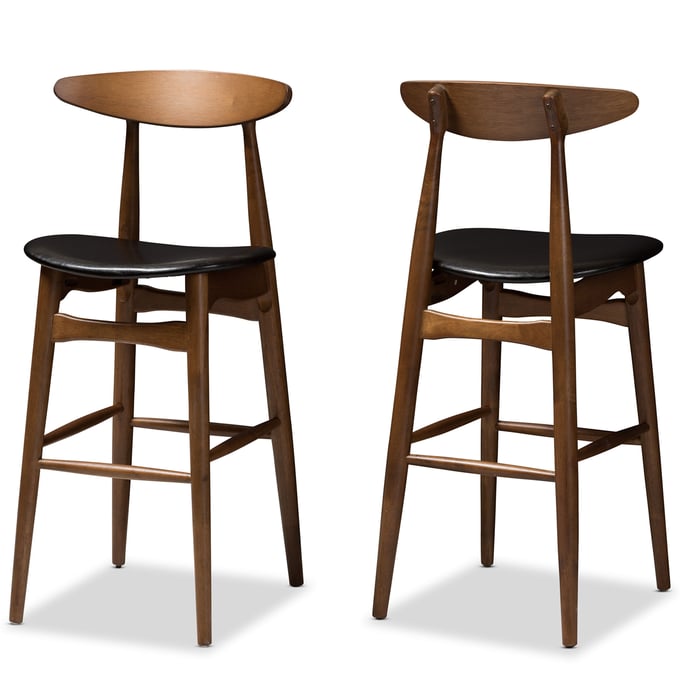 2 Baxton Studio Flora Black Faux Leather Upholstered Bar Stools BAX-FLORA-BLACK-WALNUT-BS