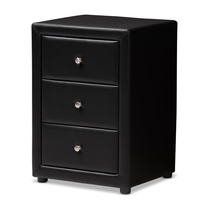 Baxton Studio Tessa Black Faux Leather 3 Drawers Night Stand BAX-BBT3138-BLACK-NS