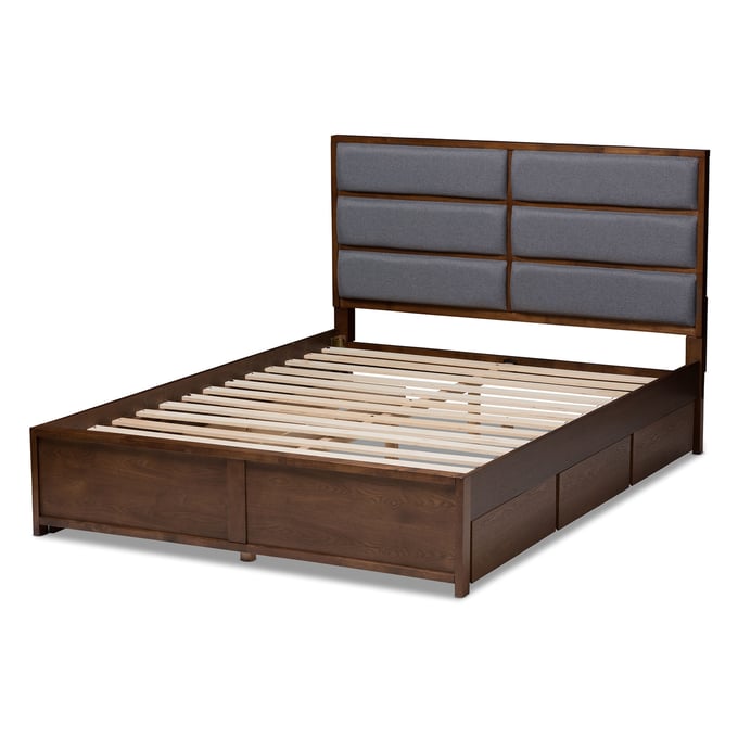 Baxton Studio Macey Dark Grey Fabric Walnut Wood Storage King Platform Bed BAX-MG4810-DGY-WL-K