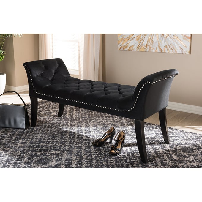 Baxton Studio Chandelle Black Velvet Upholstered Nailhead Bench