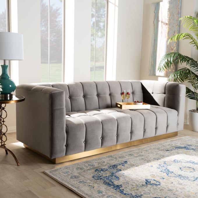 Baxton Studio Loreto Grey Velvet Upholstered Tufted Sofa The