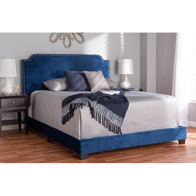 Baxton Studio Darcy Navy Blue Velvet Upholstered King Bed The