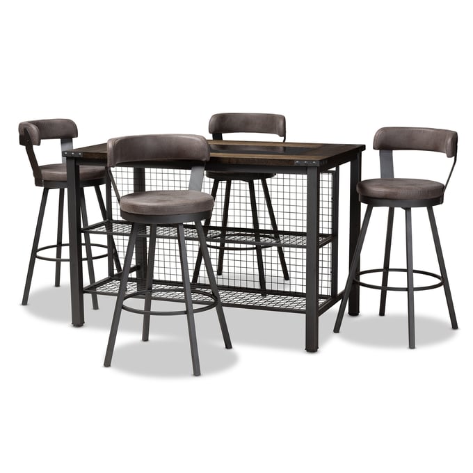 Baxton Studio Arcene Grey Fabric Walnut Brown Wood 5pc Pub Set BAX-CA1802-WALNUT-GREY-5PC-SET