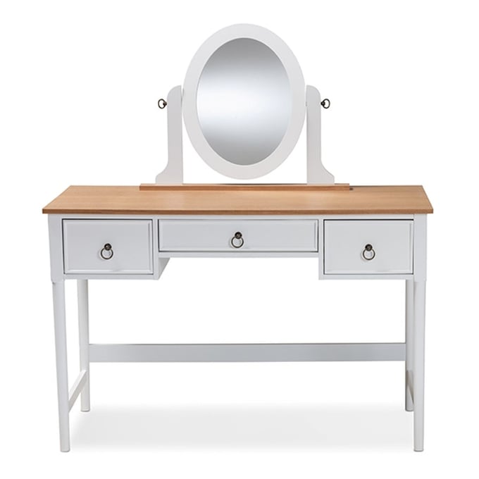 Baxton Studio Sylvie White Wood 3 Drawers Vanity Table with Mirror BAX-SR1703010-WHITE-NATURAL