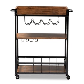 Baxton Studio Cerne Oak Brown Black Mobile Bar Cart With Wine Bottle Rack