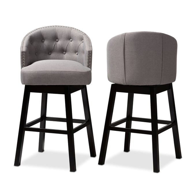 2 Baxton Studio Theron Gray Fabric Upholstered Swivel Bar Stools BAX-BBT5210B-GREY-BS