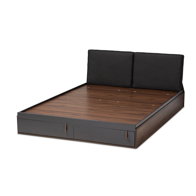 Baxton Studio Rikke Gray Fabric Walnut Wood Storage Queen Platform Bed BAX-BR3QB30261-COLMB-DGY-Q