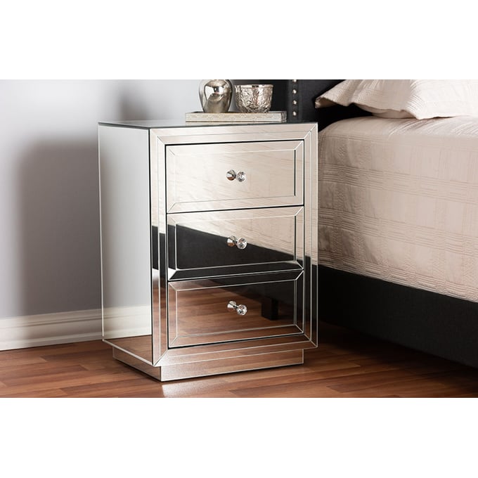 Baxton Studio Lina Silver Mirrored 3 Drawers End Table The