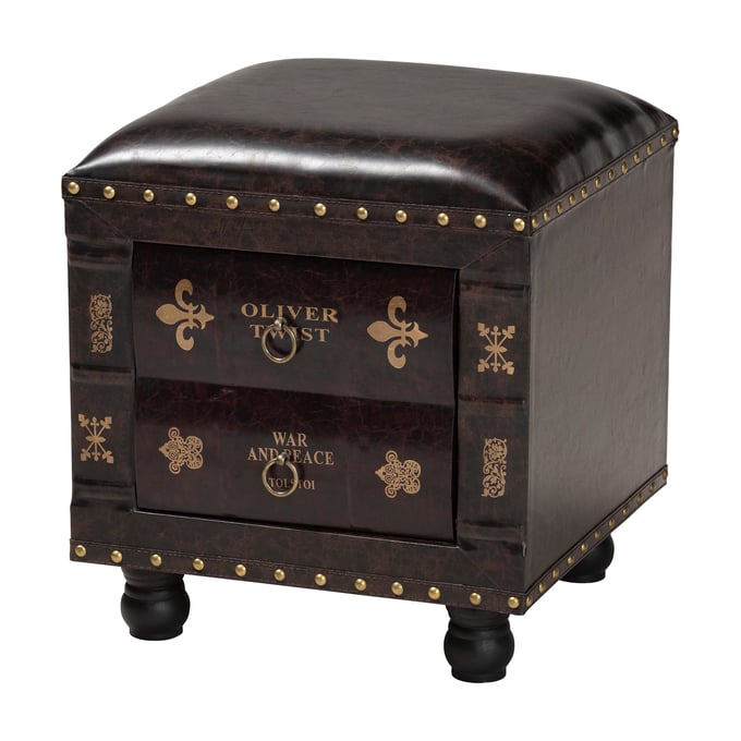 Baxton Studio Charlier Dark Brown Storage Ottoman with Book Spine Drawer BAX-HY2A487-BLACK-OTTO