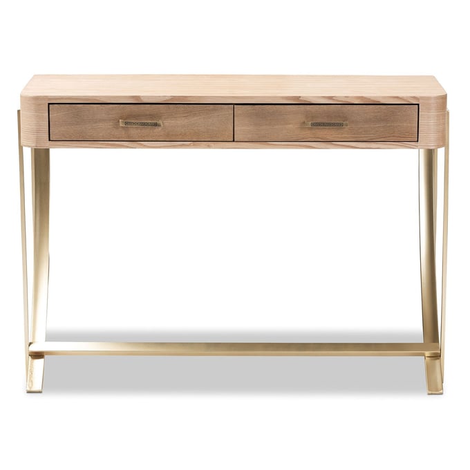 Baxton Studio Lafoy Natural Brown Wood 2 Drawers Console Table BAX-FJ2A034-LBROWN-CON