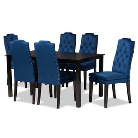 Baxton Studio Dylin Navy Blue Velvet Fabric Brown Wood 7pc Dining Set