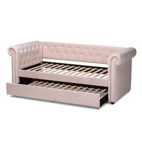 Baxton Studio Mabelle Light Pink Velvet Upholstered Daybed with Trundle