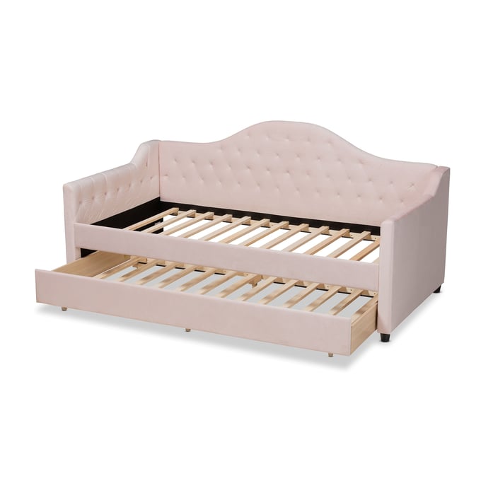 Baxton Studio Perry Light Pink Velvet Button Tufted Twin Daybed with Trundle BAX-CF8940-LPNK-DBED-T-T