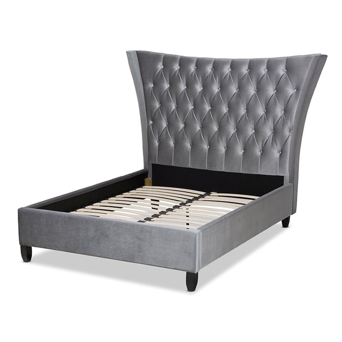 Baxton Studio Viola Grey Velvet Upholstered Wingback King Platform Bed BAX-CF9015-SILVER-GREY-KING