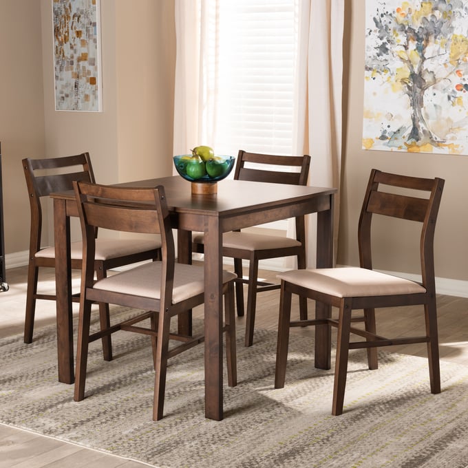 Baxton Studio Lovy Beige Fabric Dark Walnut Wood 5pc Dining Set