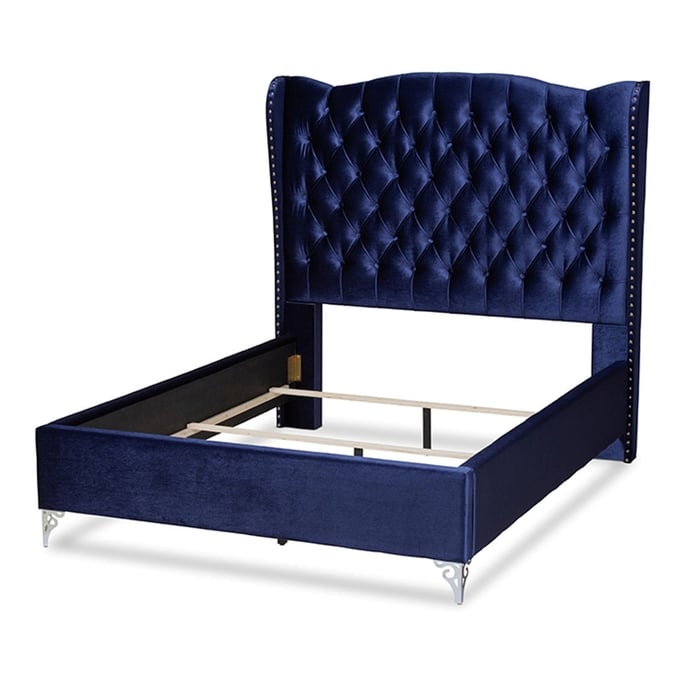 Baxton Studio Hanne Navy Blue Velvet Upholstered Wingback Queen Bed BAX-CF8948-NAVY-BLUE-QUEEN