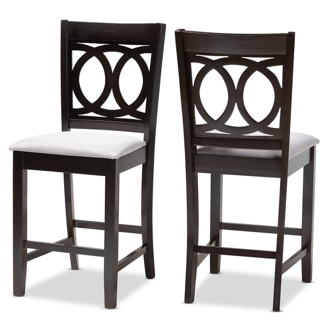 2 Baxton Studio Lenoir Gray Fabric Brown Wood Counter Height Pub Chairs BAX-RH315P-GREY-DARK-BROWN-PC