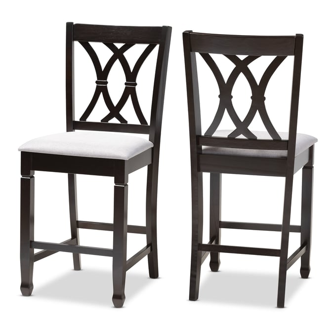 2 Baxton Studio Reneau Gray Fabric Upholstered Counter Height Pub Chairs BAX-RH316P-GREY-DARK-BROWN-PC