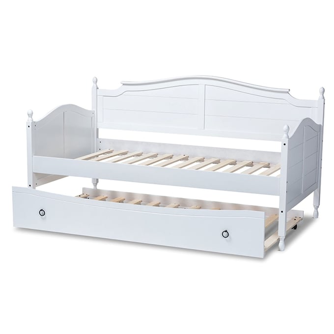 Baxton Studio Mara White Wood Twin Daybed with Roll Out Trundle Bed BAX-MG0030-WHITE-DAYBED