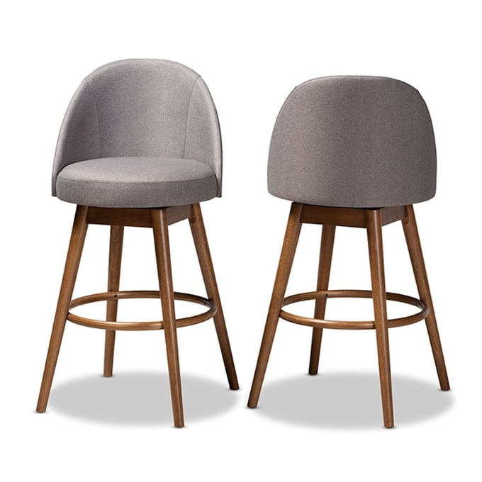 2 Baxton Studio Carra Grey Fabric Upholstered Swivel Bar Stools BAX-BBT5355B-GREY-WALNUT-BS