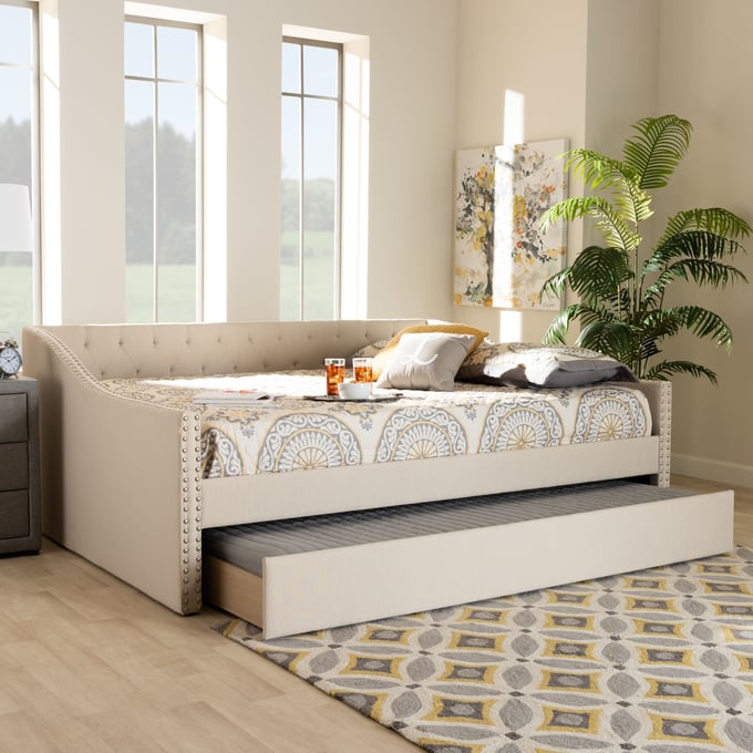 Baxton Studio Haylie Beige Fabric Full Daybed with Roll Out