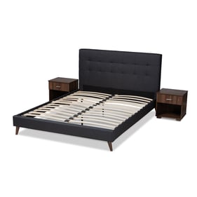 Baxton Studio Maren Charcoal Fabric Queen Platform Bed with 2 Night Stands