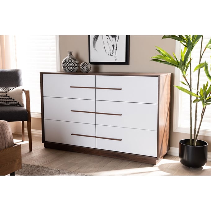 Baxton Studio Mette Modern White Walnut Wood 6 Drawers Dresser