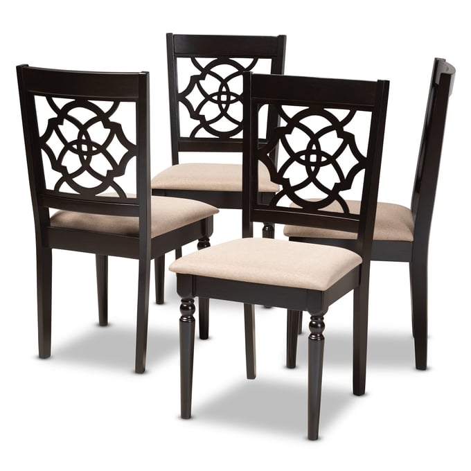 4 Baxton Studio Renaud Sand Fabric Upholstered Dining Chairs BAX-RH332C-Sand-Dark-Brown-DC