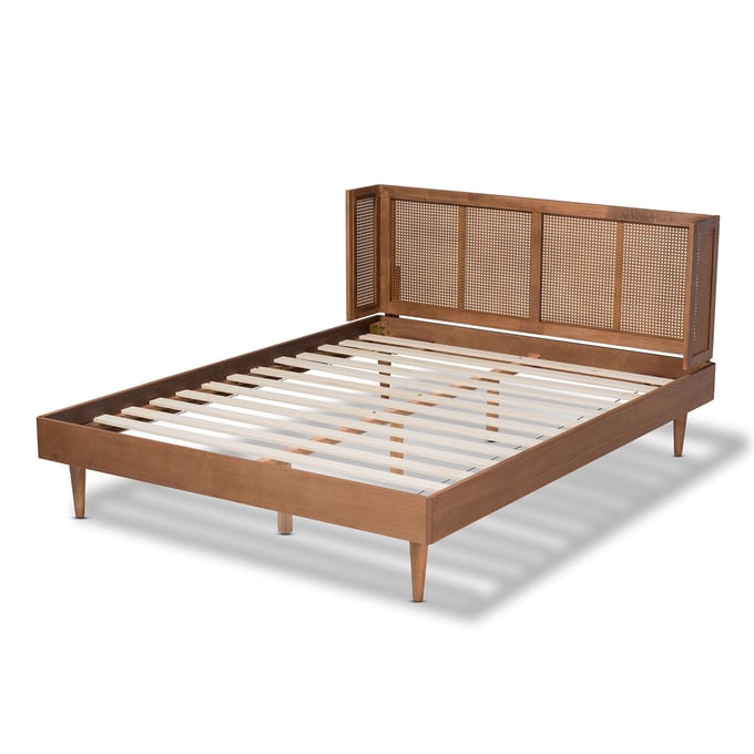 Baxton Studio Rina Ash Walnut Wood Synthetic Rattan Queen Platform Bed with Wrap Around Headboard BAX-MG97151-ASH-WL-RTN-Q