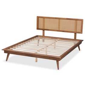 Baxton Studio Nura Walnut Brown Wood Synthetic Rattan Queen Platform Bed