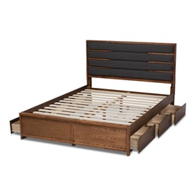 Baxton Studio Elin Dark Grey Fabric Walnut Wood 6 Drawers King Platform Bed