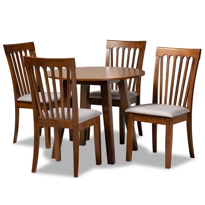 Baxton Studio Lida Grey Fabric Walnut Brown Finished Wood 5pc Dining Set BAX-LIDA-GY-WL-5PCDINSET