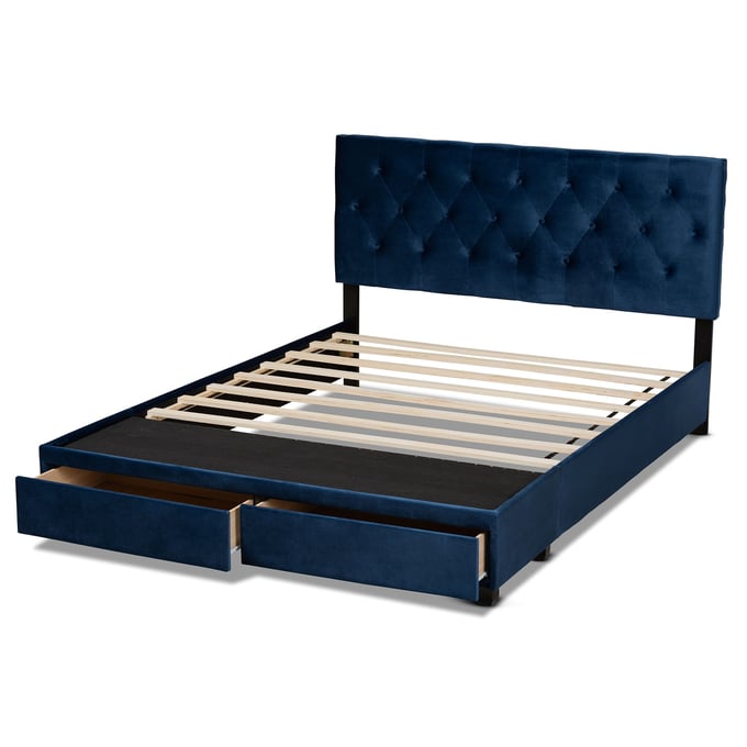 Baxton Studio Caronia Navy Blue Velvet Upholstered 2 Drawers King Platform Bed BAX-CARONIA-NAVY-KING