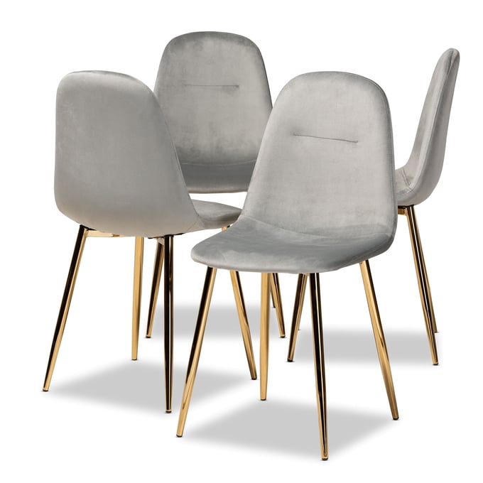 4 Baxton Studio Elyse Grey Velvet Upholstered Dining Chairs BAX-DC150-GREY-VELVET-GOLD-DC