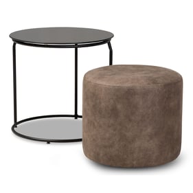 Baxton Studio Kira Brown Fabric Black Glass Top 2pc Nesting Table and Ottom...