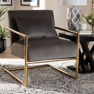 Baxton Studio Nelson Modern Luxe and Glam Grey Velvet Fabric Upholstered and Gold Finished Metal Armchair