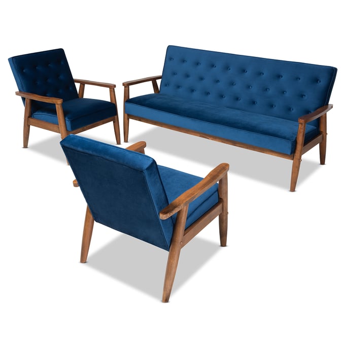 Baxton Studio Sorrento Navy Blue Velvet Upholstered 3pc Living Room Set BAX-BBT8013-NVVLVTWL-3PCSET