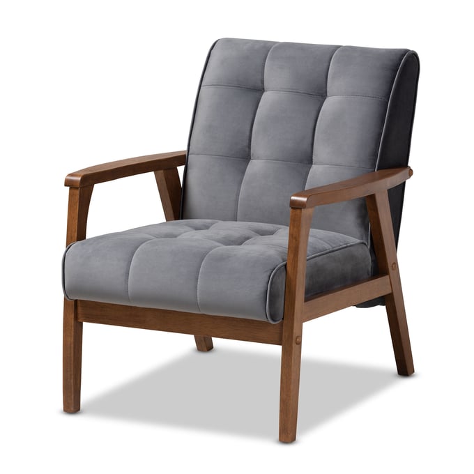 Baxton Studio Asta Modern Grey Velvet Upholstered Armchair BAX-TOGO-GREY-VELVET-WALNUT-CC