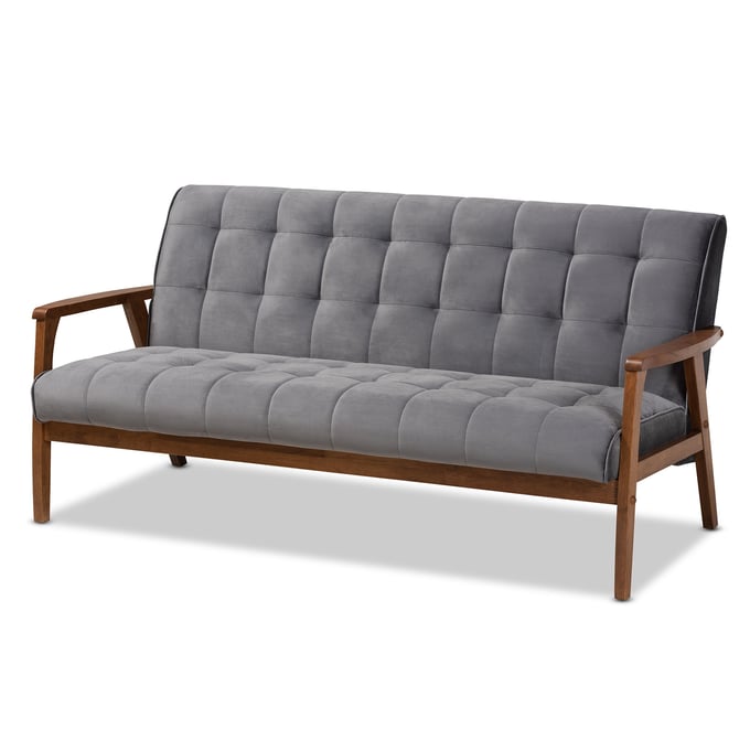 Baxton Studio Asta Modern Grey Velvet Upholstered Sofa BAX-TOGO-GREY-VELVET-WALNUT-SF