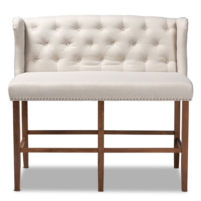 Baxton Studio Alira Beige Fabric Upholstered Button Tufted Bar Stool Bench BAX-BBT5349-BEIGE-WALNUT-BENCH