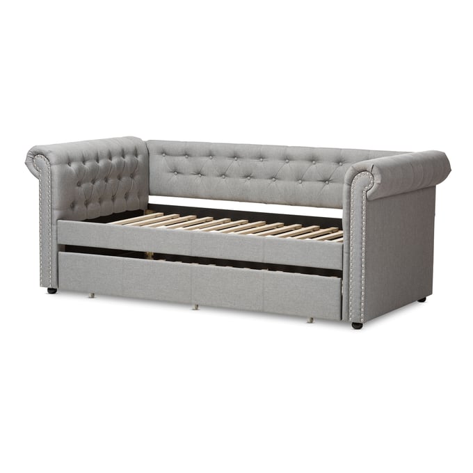 Baxton Studio Mabelle Grey Fabric Nailhead Twin Trundle Daybed BAX-ASHLEY-GREY-DAYBED