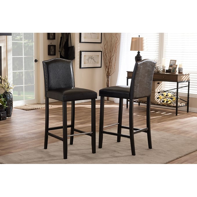 2 Baxton Studio Libra Brown Faux Leather Nailhead Bar Stools The