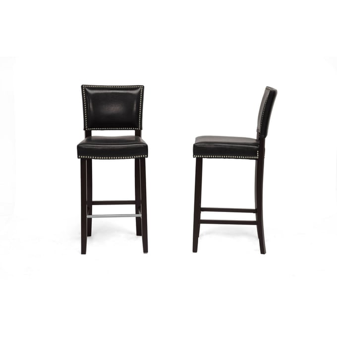 2 Baxton Studio Aries Black Faux Leather Nailhead Bar Stools BAX-BBT5112-BAR-STOOL-BLACK