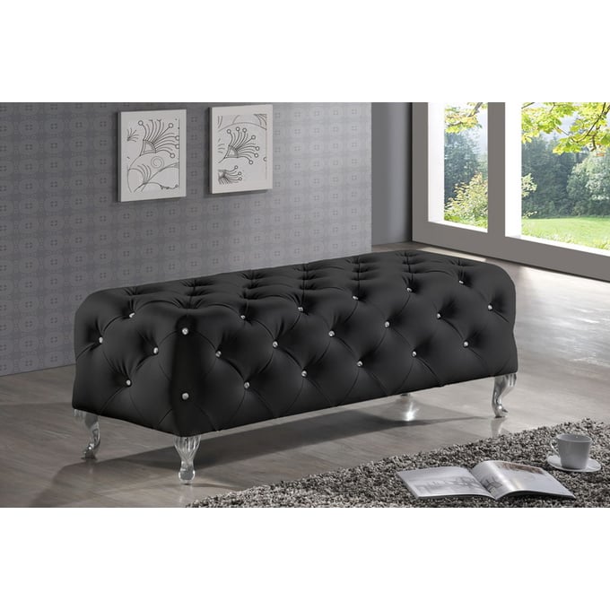 Baxton Studio Stella Black Faux Leather Crystal Tufted Bench The