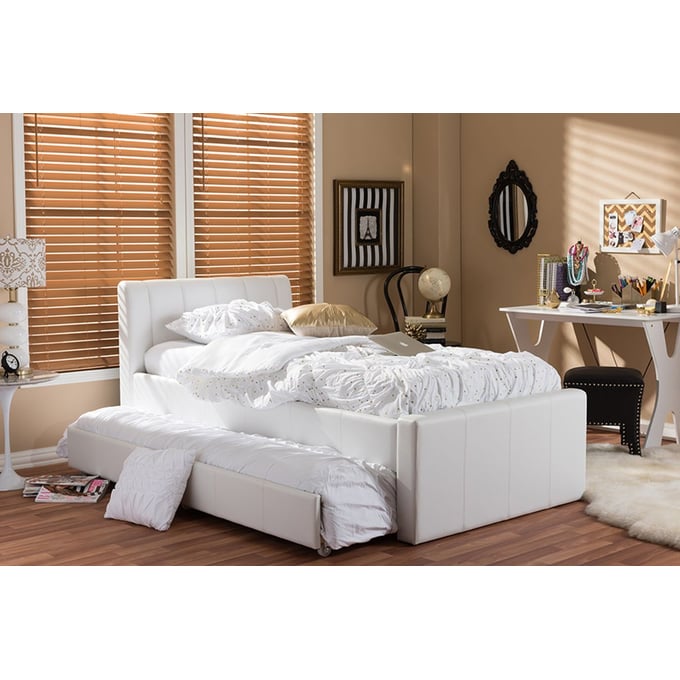 Baxton Studio Cosmo White Faux Leather Twin Trundle Bed The