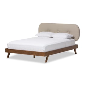 Baxton Studio Penelope Light Beige Fabric Walnut Wood Queen Platform Bed