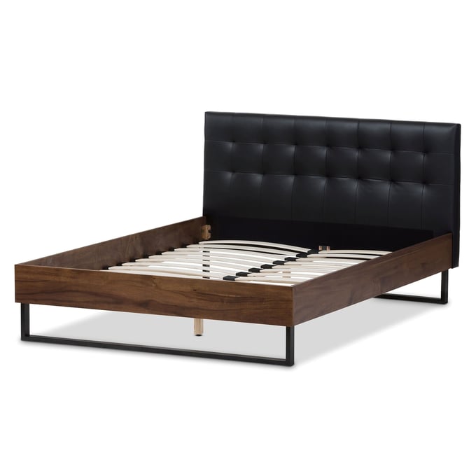 Baxton Studio Mitchell Black Faux Leather Walnut Wood King