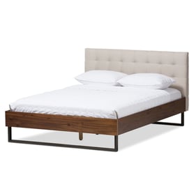 Baxton Studio Mitchell Light Beige Fabric Walnut Wood King Platform Bed