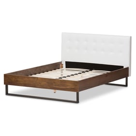 Baxton Studio Mitchell White Faux Leather Walnut Wood Queen Platform Bed