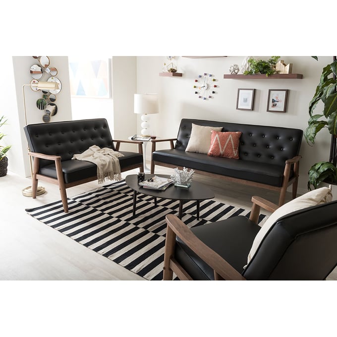 Baxton Studio Sorrento Black Faux Leather Upholstered 3pc Living